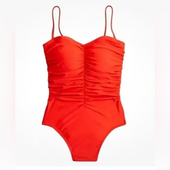 NWT J Crew Ruched Sweetheart One-Piece Swimsuit Pop of Red Size 24 - Picture 1 of 7